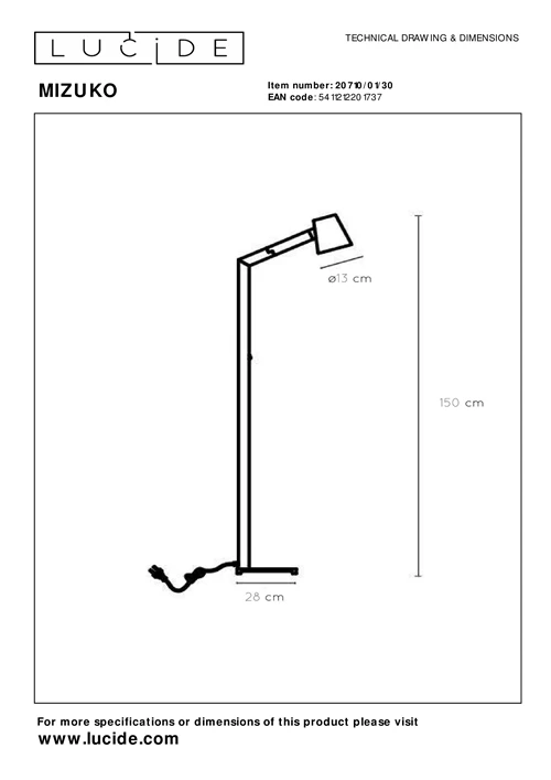 Lucide MIZUKO - Floor reading lamp - Ø 13 cm - 1xE14 - Black - technical